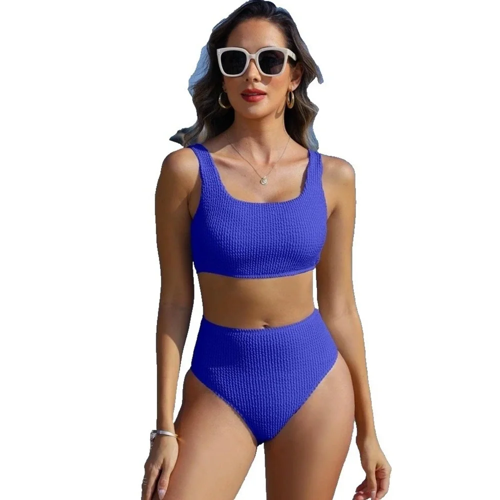 Royal Blue Smocked High Waisted Bikini Set Two Piece Swimsuit‎ Size M